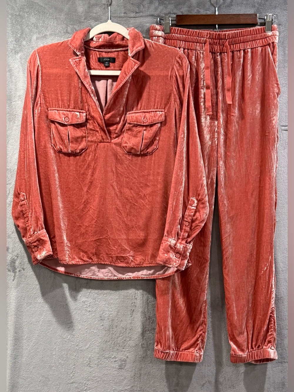 J. Crew Patch-Pocket Popover‎ Rust Crushed Velvet Set Size XS Track Suit